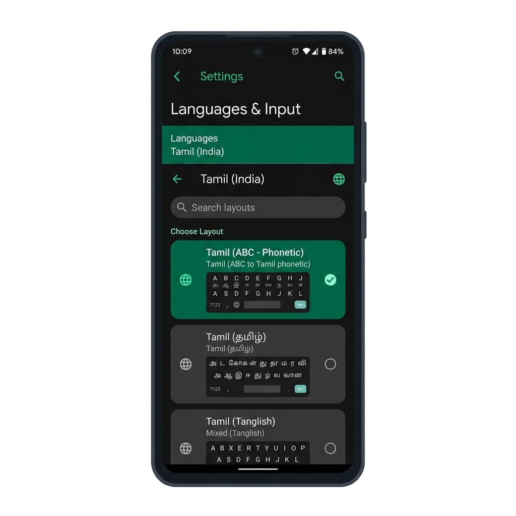 Gboard Settings screen on Android showing Tamil ABC to Tamil Phonetic selection
