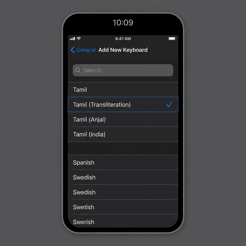 iPhone Settings screen showing iOS Add New Keyboard for Tamil Transliteration