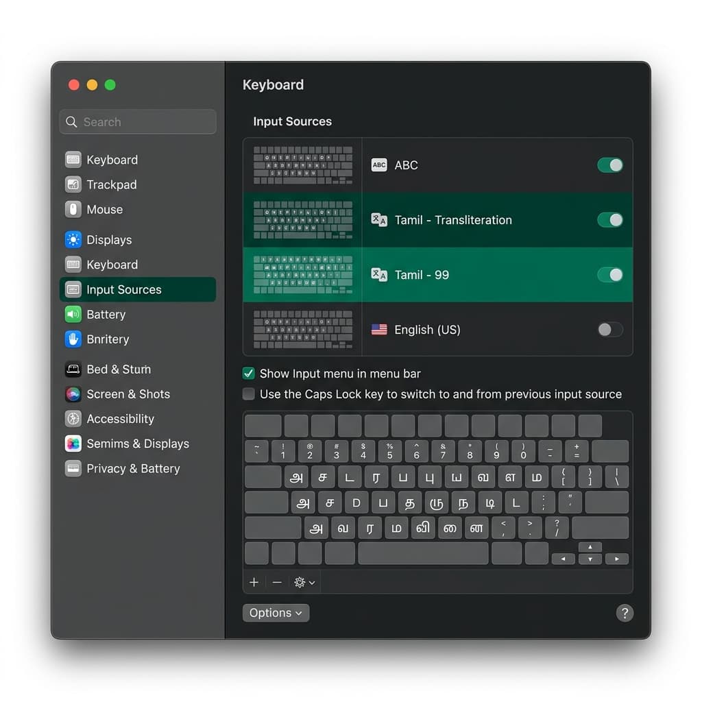 macOS System Settings Keyboard Input Sources window for Tamil