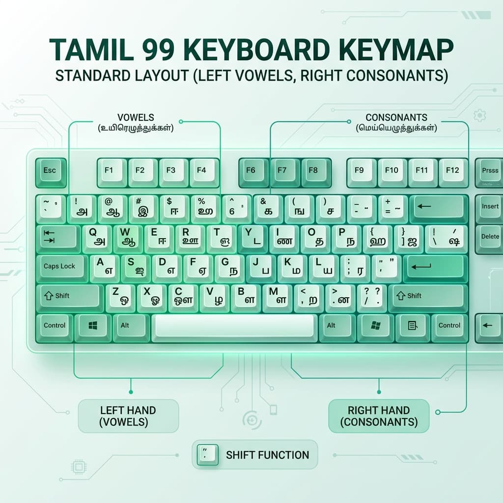 Tamil 99 standard keyboard keymap diagram showing left hand vowels and right hand consonants