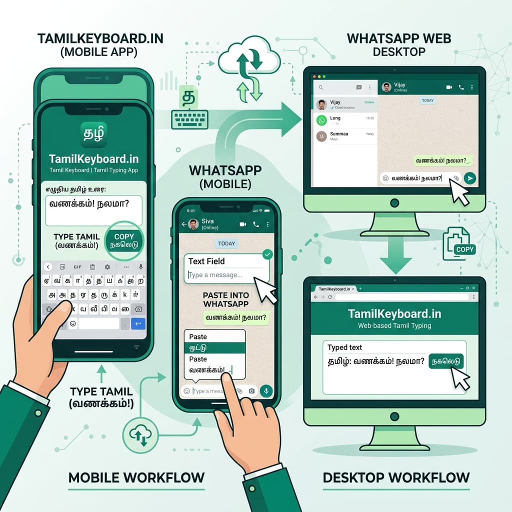 WhatsApp mobile and desktop Tamil messaging copy-paste workflow